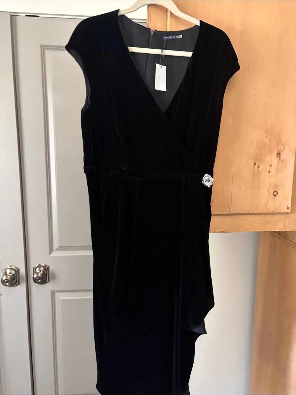 Magaschoni Black Velvet Wrap-Style Midi Dress with Brooch Detail